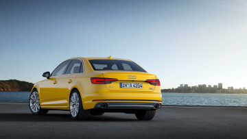 обоя автомобили, audi, 2-0, a4, 2015г, b9, s, line, i, quattro, tfs, желтый