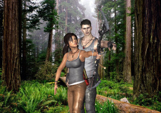 обоя 3д графика, люди , people, взгляд, девушка, лук, парень, фон