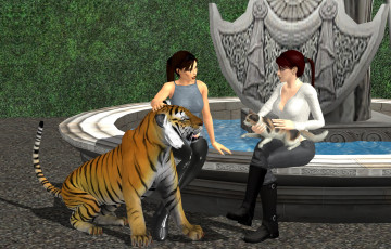 Картинка 3д+графика люди+и+животные+ people+and+animals тигр фон взгляд кошка девушки