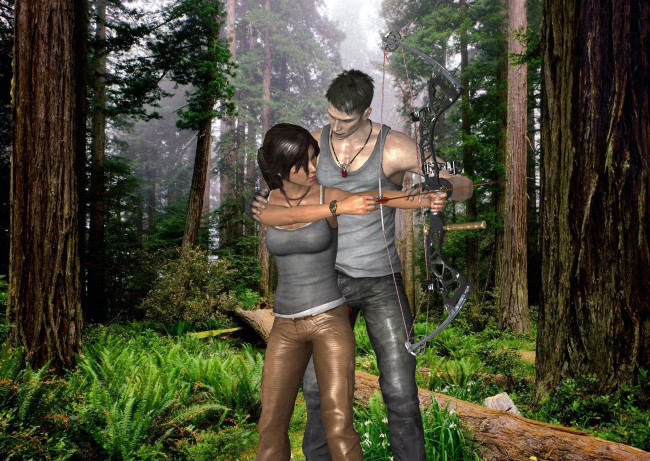 Обои картинки фото 3д графика, люди , people, лук, фон, парень, взгляд, девушка