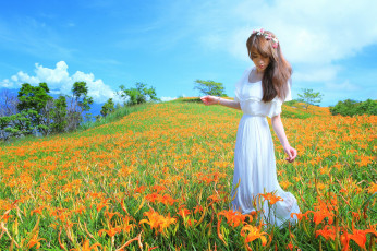 обоя patty lai, девушки, -unsort , азиатки, patty, lai, азиатка, поле, цветы, венок, лилии, платье