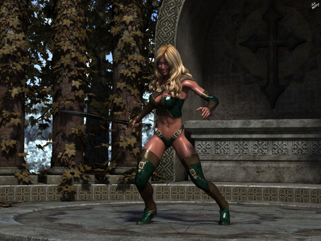 Обои картинки фото 3д графика, фантазия , fantasy, девушка, взгляд, фон, оружие