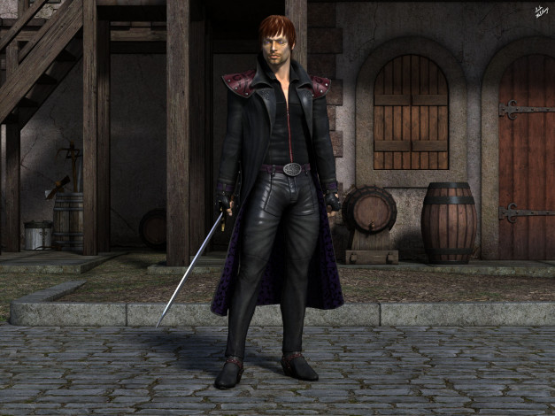 Обои картинки фото 3д графика, фантазия , fantasy, мужчина, взгляд, фон, оружие