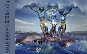 Картинка календари 3д-графика тело женщина вода гора