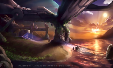 Картинка календари фэнтези водоем закат сооружение планета calendar 2019