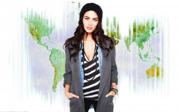 обоя девушки, megan fox, актриса, шапка, шатенка, бусы, пальто, карта