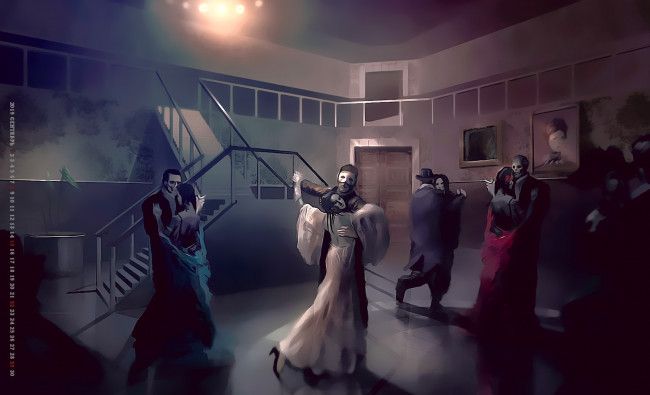 Обои картинки фото календари, рисованные,  векторная графика, 2019, calendar, девушка, мужчина, женщина, картина, помещение, танец, маска