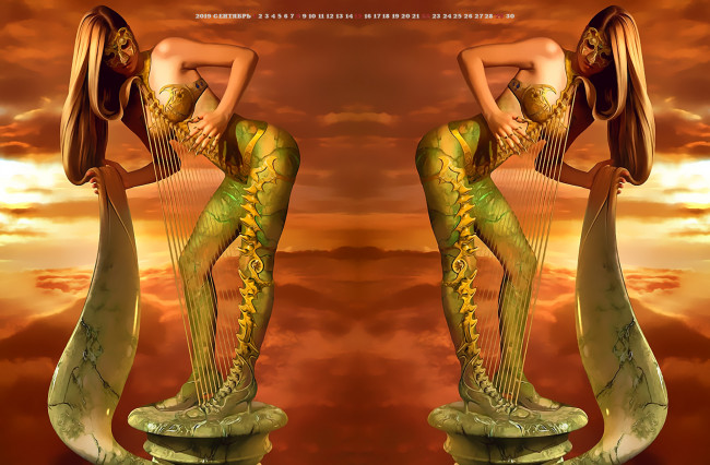 Обои картинки фото календари, 3д-графика, маска, 2019, calendar, арфа, музыка, девушка