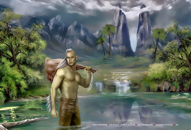 Обои картинки фото календари, фэнтези, calendar, растение, дерево, природа, гора, водоем, 2019, мужчина