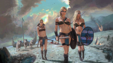 Картинка фэнтези девушки фон взгляд волки униформа щит меч топор