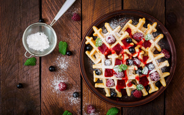 Картинка еда блины +оладьи ягоды вафли малина сахарная пудра мята десерт