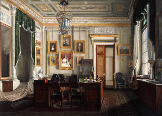 обоя рисованное, эдуард гау, дворец, интерьер, кабинет, лепнина, стулья, стол, ковер, картины, шторы