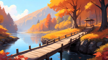 обоя рисованное, природа, горы, осень, лес, река, мост