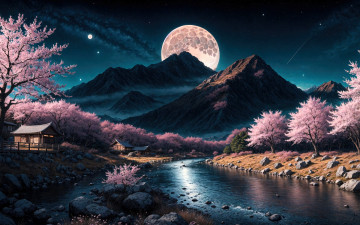 обоя рисованное, природа, горы, луна, река, деревья, сад, дом