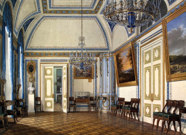 Обои картинки фото рисованное, эдуард гау, дворец, интерьер, зал, лепнина, люстра, двери, картины, стулья