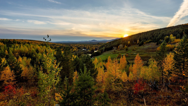 Обои картинки фото природа, горы, закат, река, лес, осень