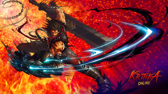 Обои картинки фото видео игры, kritika online, воин, меч, магия, цепь, огонь
