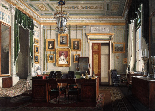 Обои картинки фото рисованное, эдуард гау, дворец, интерьер, кабинет, лепнина, стулья, стол, ковер, картины, шторы