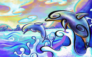 обоя рисованные, животные, дельфины