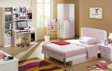 Картинка интерьер детская комната кровать игрушки шкаф картина компьютер стол