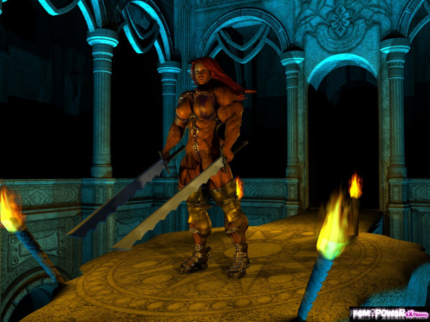 Обои картинки фото 3д, графика, fantasy, фантазия, доспехи, девушка, факелы, оружия