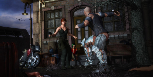 Обои картинки фото 3д, графика, military, драка, оружия, мотоцикл