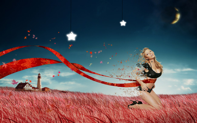 Обои картинки фото музыка, mariah, carey, лента, трава, маяк, девушка, звёзды