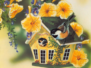 обоя рисованные, janene, grende, скворечник, черношапочная, гаичка