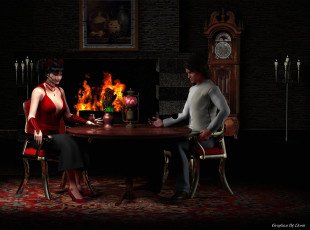 Картинка 3д графика people люди стол камин