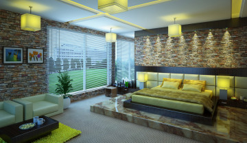 Картинка 3д графика realism реализм окно интерьер кровать спальня комната жалюзи дизайн потолок