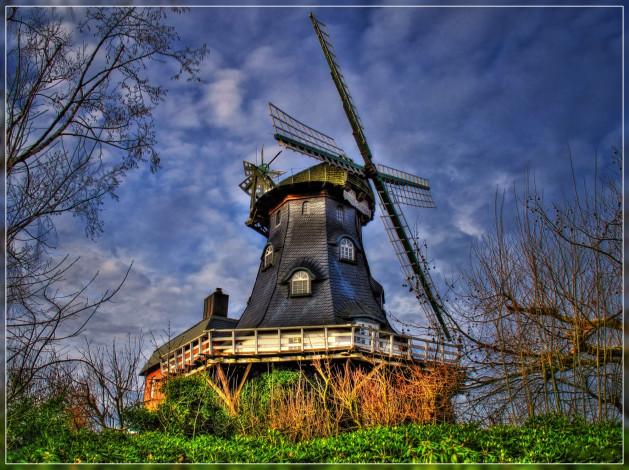 Обои картинки фото разное, мельницы, лопасти, лес, мельница, ветряк