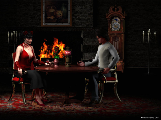 Обои картинки фото 3д, графика, people, люди, стол, камин
