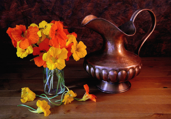 Обои картинки фото цветы, настурции, кувшин, букет