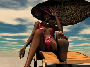 Картинка 3д+графика люди+ people взгляд зонтик шезлонг фон девушка пляж