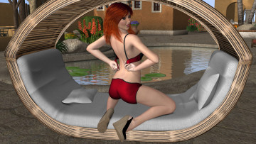 Картинка 3д+графика люди+ people фон взгляд девушка рыжая бассейн шизлонг