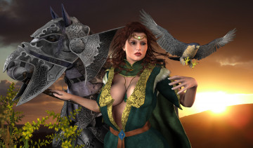 Картинка 3д+графика люди+ people орел фон взгляд девушка лошадь