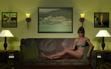 Картинка 3д+графика люди+ people диван фон интерьер взгляд девушка светильники картины