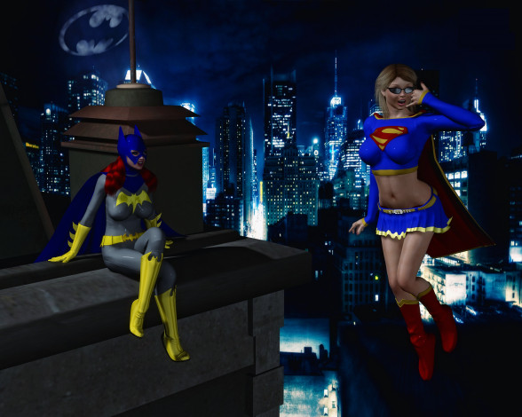 Обои картинки фото 3д графика, фантазия , fantasy, фон, супермены, взгляд, девушки