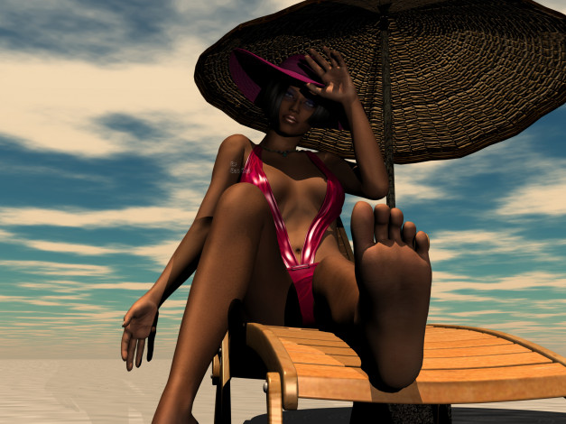 Обои картинки фото 3д графика, люди , people, взгляд, зонтик, шезлонг, фон, девушка, пляж