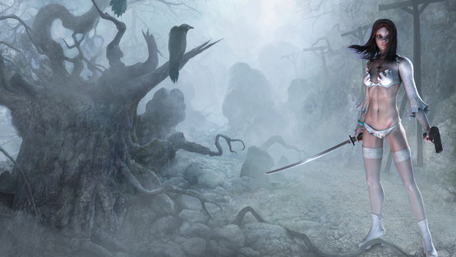 Обои картинки фото 3д графика, фантазия , fantasy, фон, взгляд, девушка, деревья, камни, туман, оружие