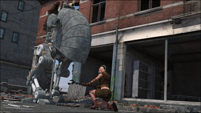 Обои картинки фото 3д графика, фантазия , fantasy, робот, фон, взгляд, девушка