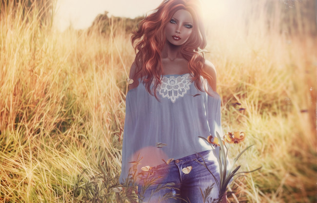 Обои картинки фото 3д графика, люди , people, рыжая, лето, джинсы, поле, девушка
