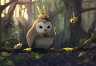 Картинка рисованное животные +сказочные +мифические collab арт существа крылья сова ветка дерево