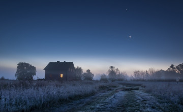 Картинка природа дороги изморозь иней дорога трава дом