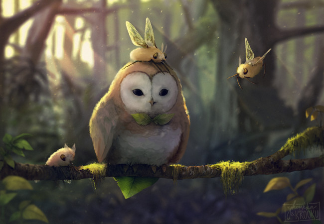 Обои картинки фото рисованное, животные,  сказочные,  мифические, collab, арт, существа, крылья, сова, ветка, дерево