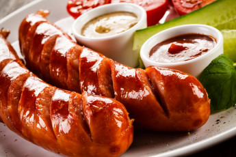 Картинка еда шашлык +барбекю сосиски гриль зелень кетчуп