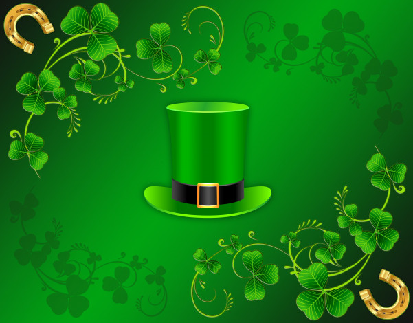 Обои картинки фото праздничные, день святого патрика, подкова, листья, рендеринг, ирландия, цилиндр, день, святого, патрика, вектор, 17-го, марта
