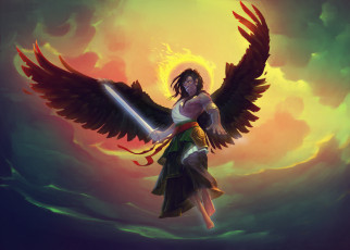 Картинка фэнтези ангелы мужчина фон взгляд меч крылья