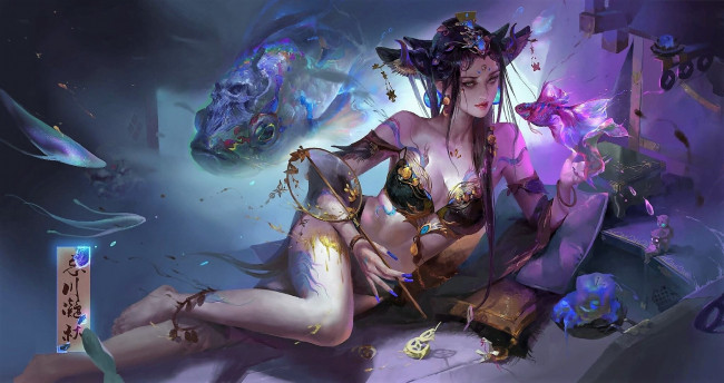 Обои картинки фото фэнтези, девушки, девушка, подушки, рыбы