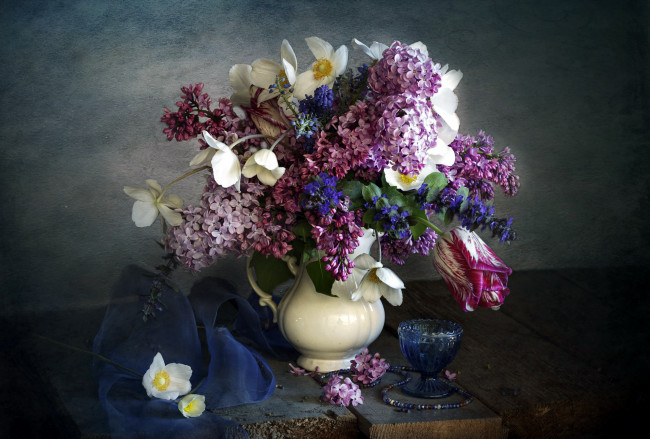 Обои картинки фото цветы, букеты,  композиции, букет, сирень, тюльпаны, весна, анемоны